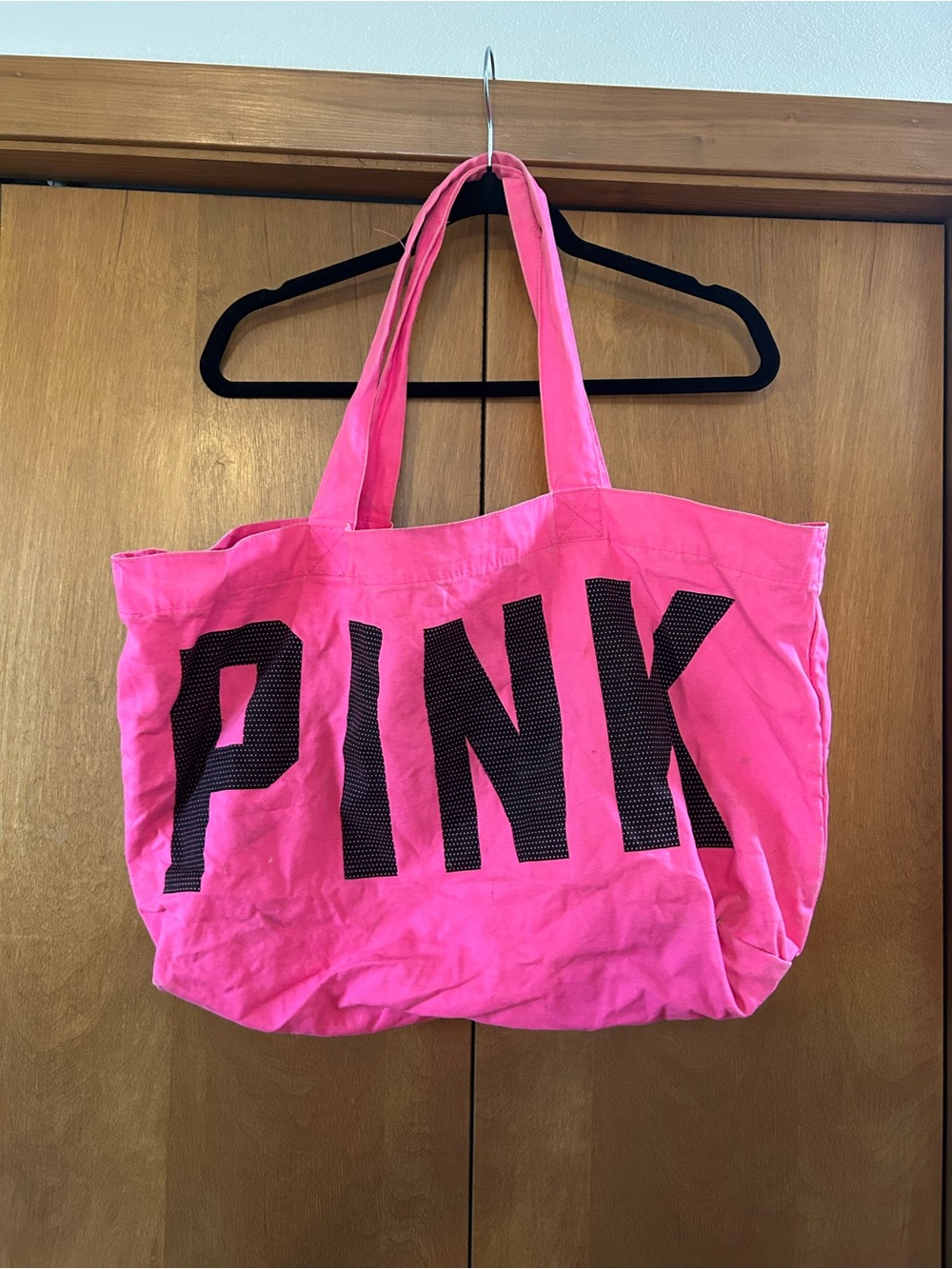 PINK Victoria's Secret Bright Pink Canvas Tote with Black Logo